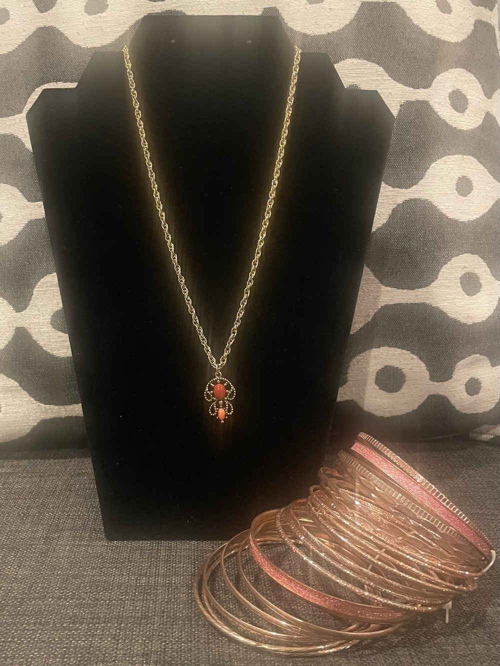 Vintage Insoired Gold Tone Necklace with Coral Pendant and Gold  bangle set.